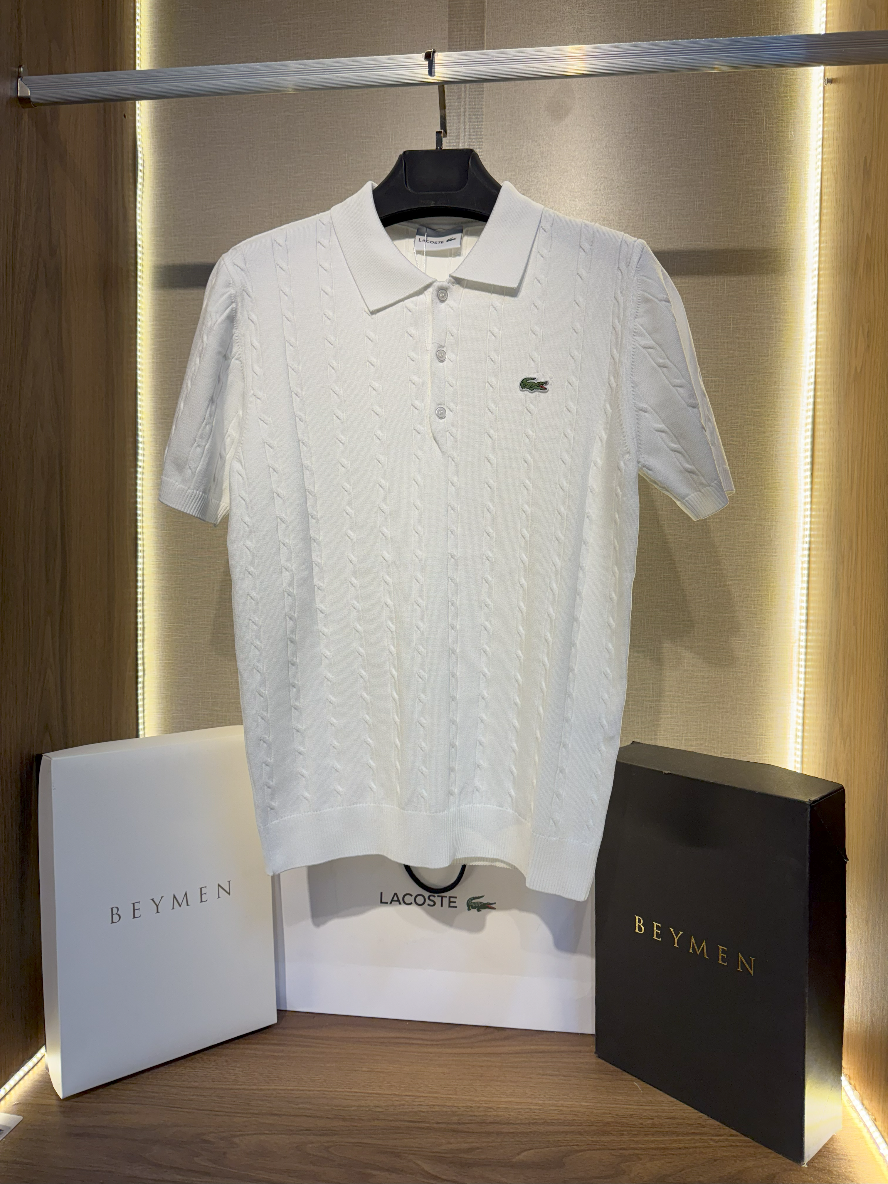Lacoste Örgü Detaylı Triko Polo Yaka (Beyaz)